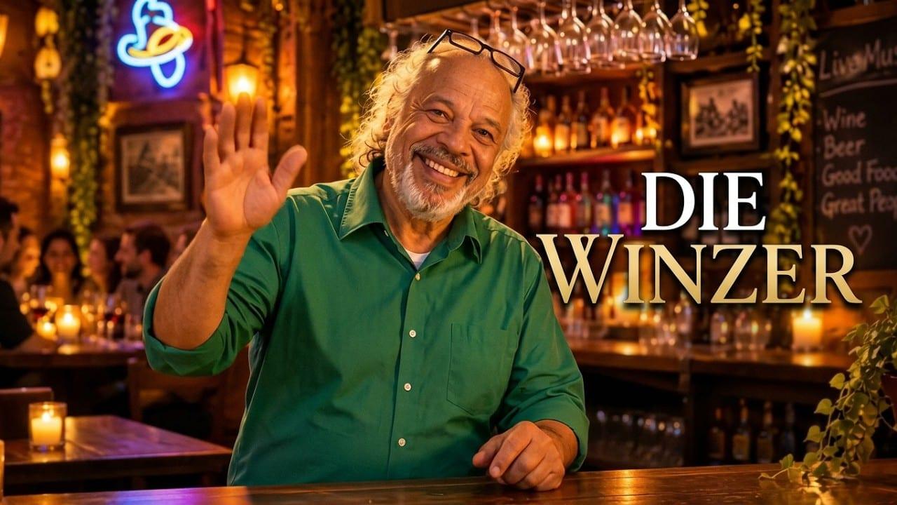 Startbild des Videos: illustrierte Weinbar mit Gästen bei Kerzenlicht und dem Schriftzug „Die Winzer“