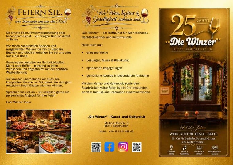 Vorderseite des Jubiläumsflyers mit Catering-Angebot und Kontaktdaten