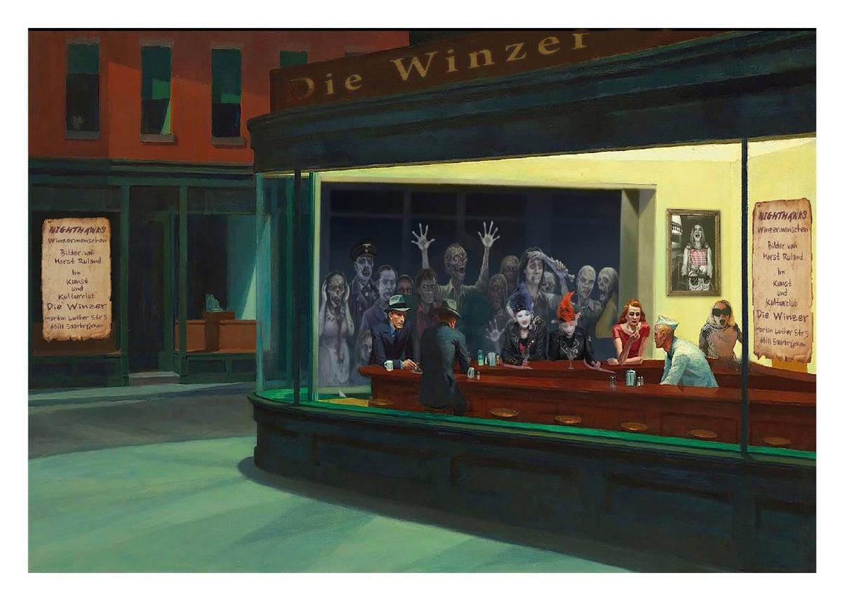 Postkarte zur Ausstellung „Nighthawks – Winzermenschen“: Edward Hoppers Nachtlokal als „Die Winzer“ gemalt